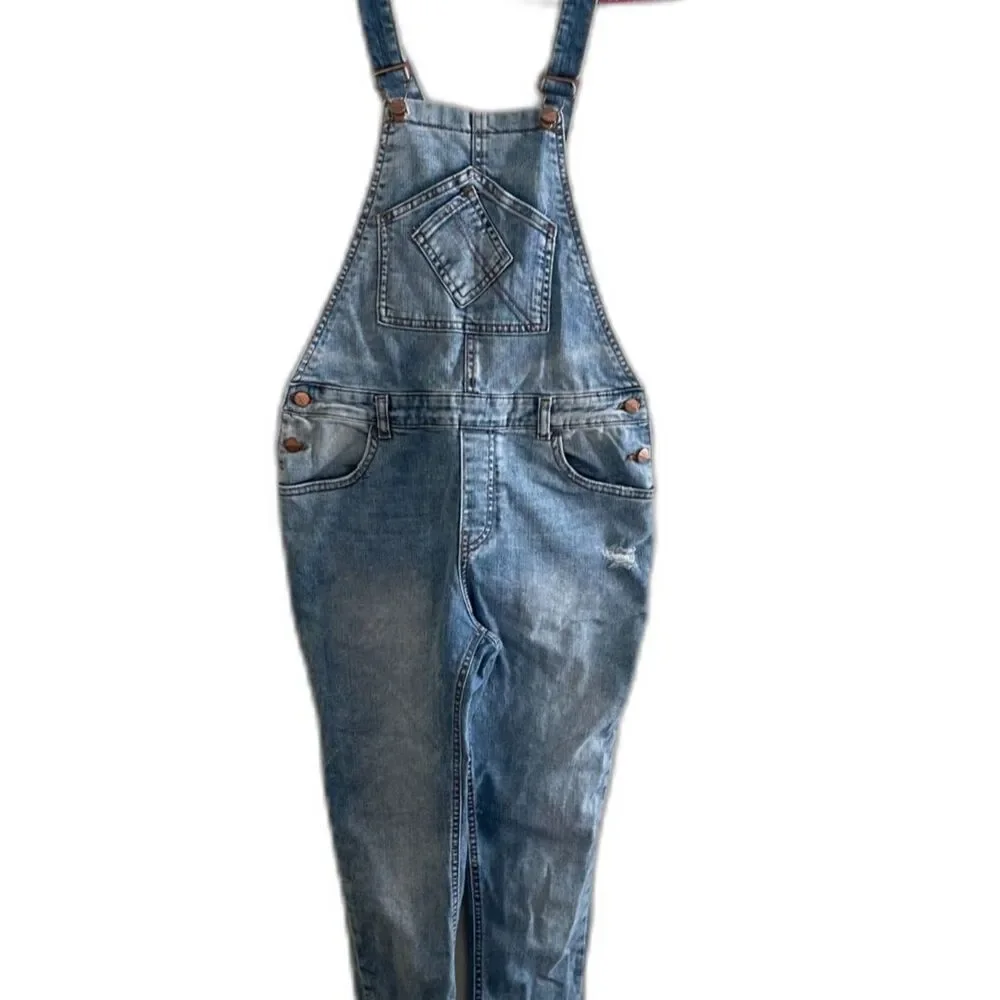 Zara Denim Distressed Bib Overall Girls Sz 13/14 Boho Vintage Jean Frayed Cotton